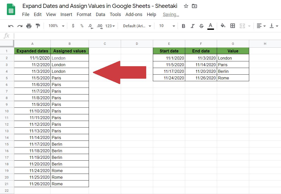 Ví dụ cách mở rộng ngày và chỉ định giá trị cho ngày trong Google Sheets